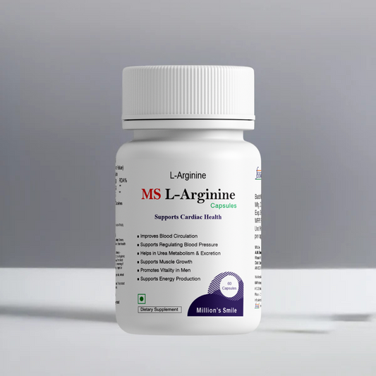 Bottle of MS L-Arginine capsules on a gray background