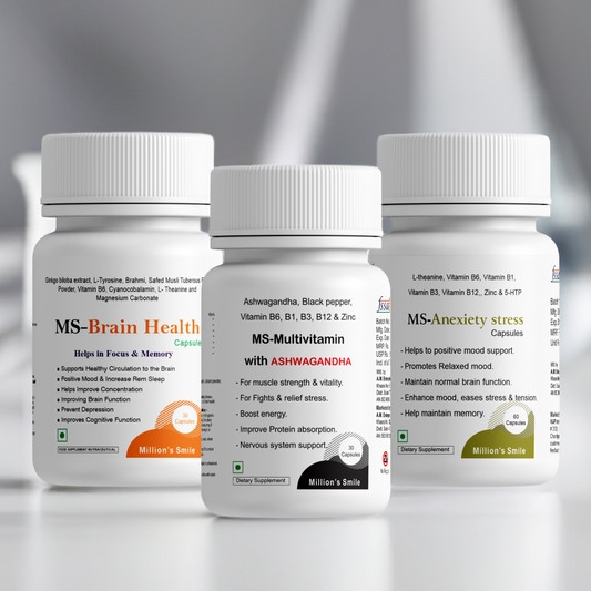 Three supplement bottles labeled 'MS-Brain Health', 'MS-Multivitamin with Ashwagandha', and 'MS-Anxiety stress' on a gray background.