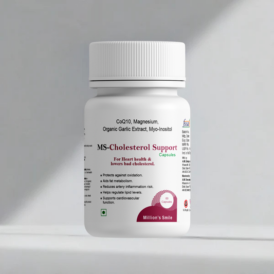 Bottle of MS-Cholesterol Support capsules on a gray background
