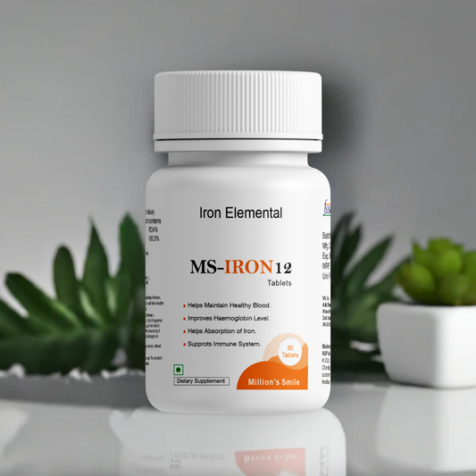 Bottle of Iron Elemental MS-IRON12 tablets with plants in the background