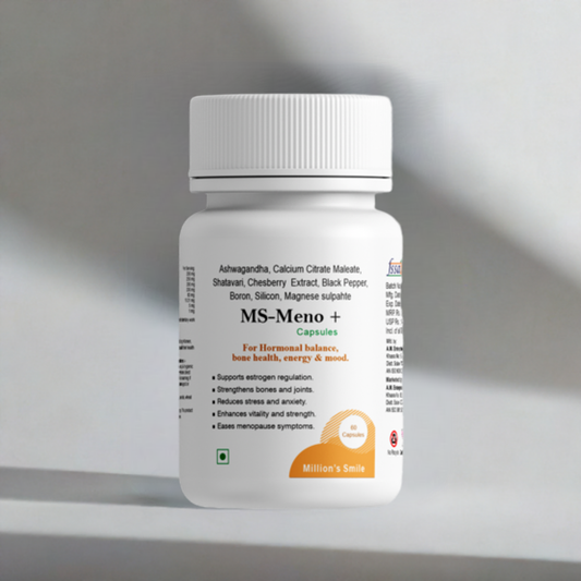 A bottle of MS - Meno+ Capsules, labeled for supporting hormonal balance and menopause-related symptoms.