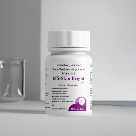Bottle of MS-Skin Bright tablets on a gray surface with a neutral background