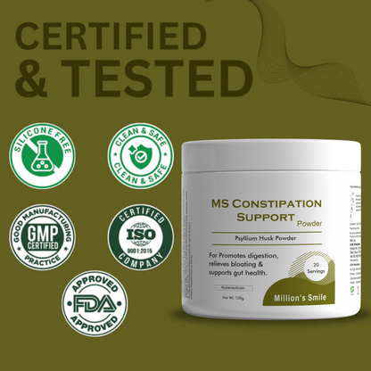 MS Constipation Support Powder container with certification logos on a green background