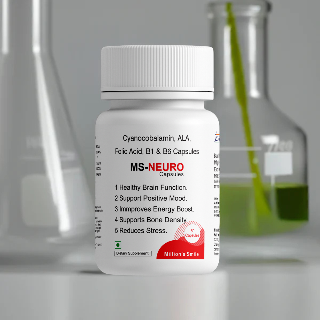 Bottle of MS-NEURO supplement with laboratory beakers in the background