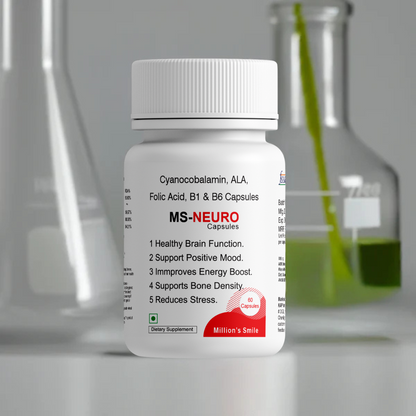 Bottle of MS-NEURO supplement with laboratory beakers in the background