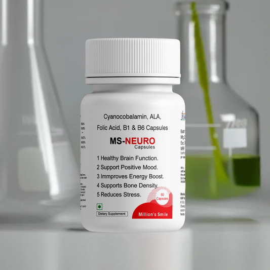 Bottle of MS-NEURO supplement with laboratory beakers in the background