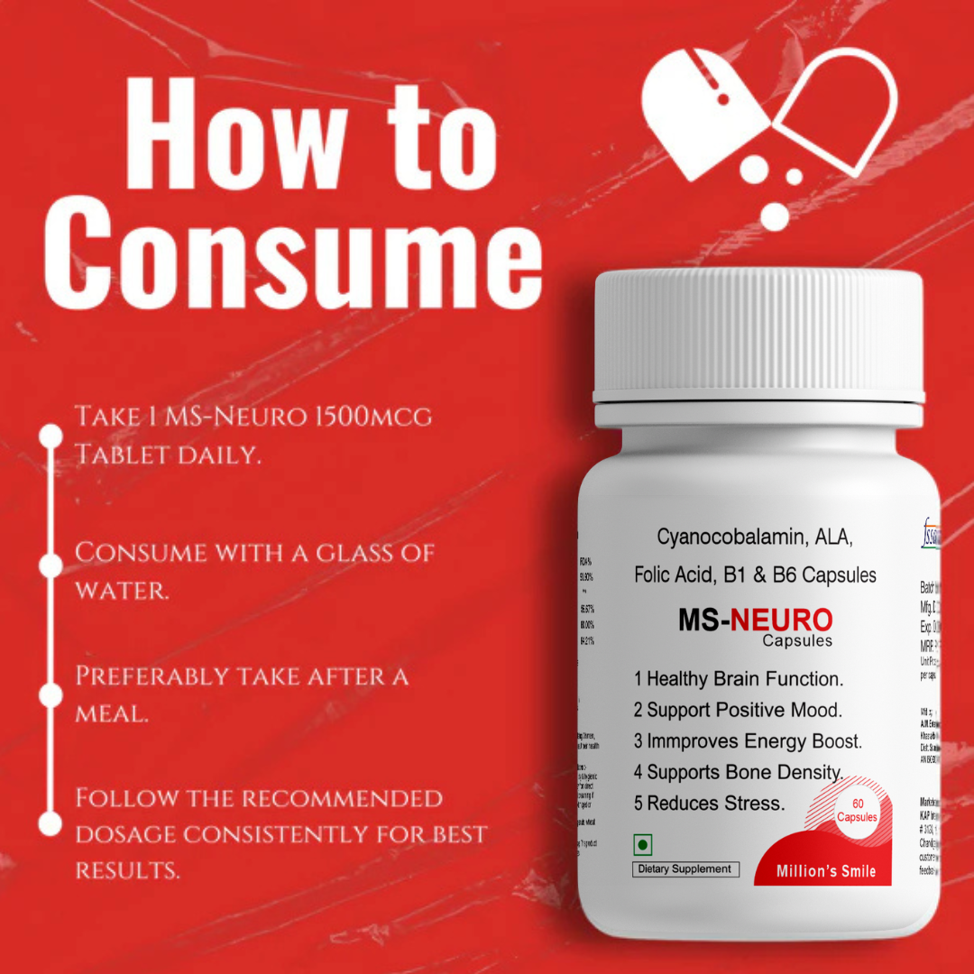 MS-NEURO supplement bottle with consumption instructions on a red background