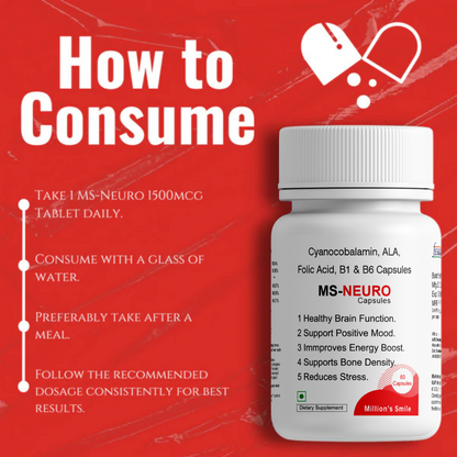 MS-NEURO supplement bottle with consumption instructions on a red background