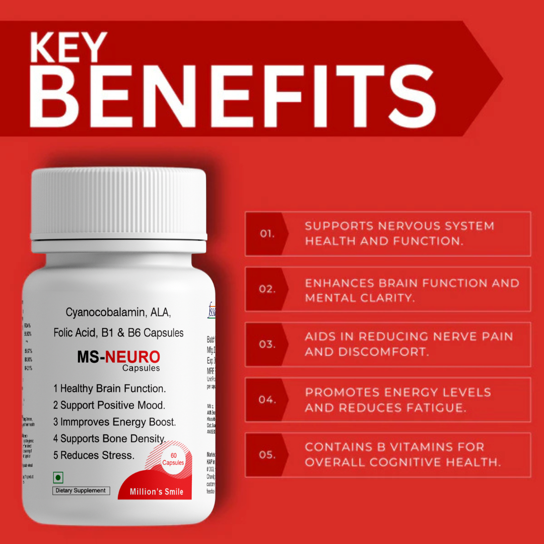 Supplement bottle with key benefits listed on a red background