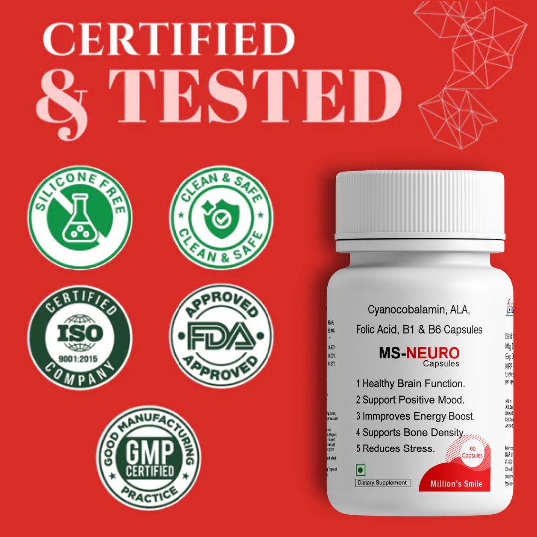 Bottle of MS-Neuro supplement with certification logos on a red background