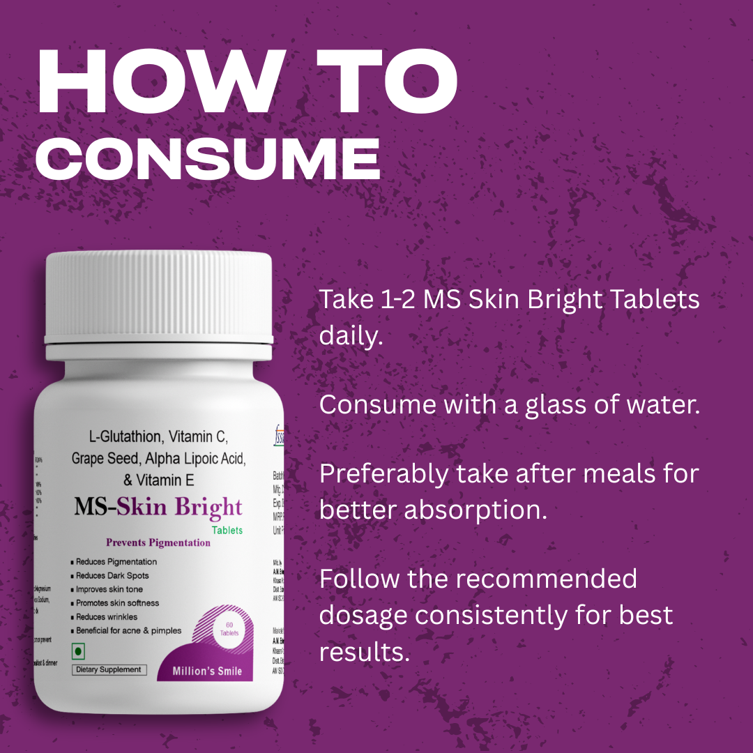 MS Skin Bright tablets packaging with consumption instructions on a purple background