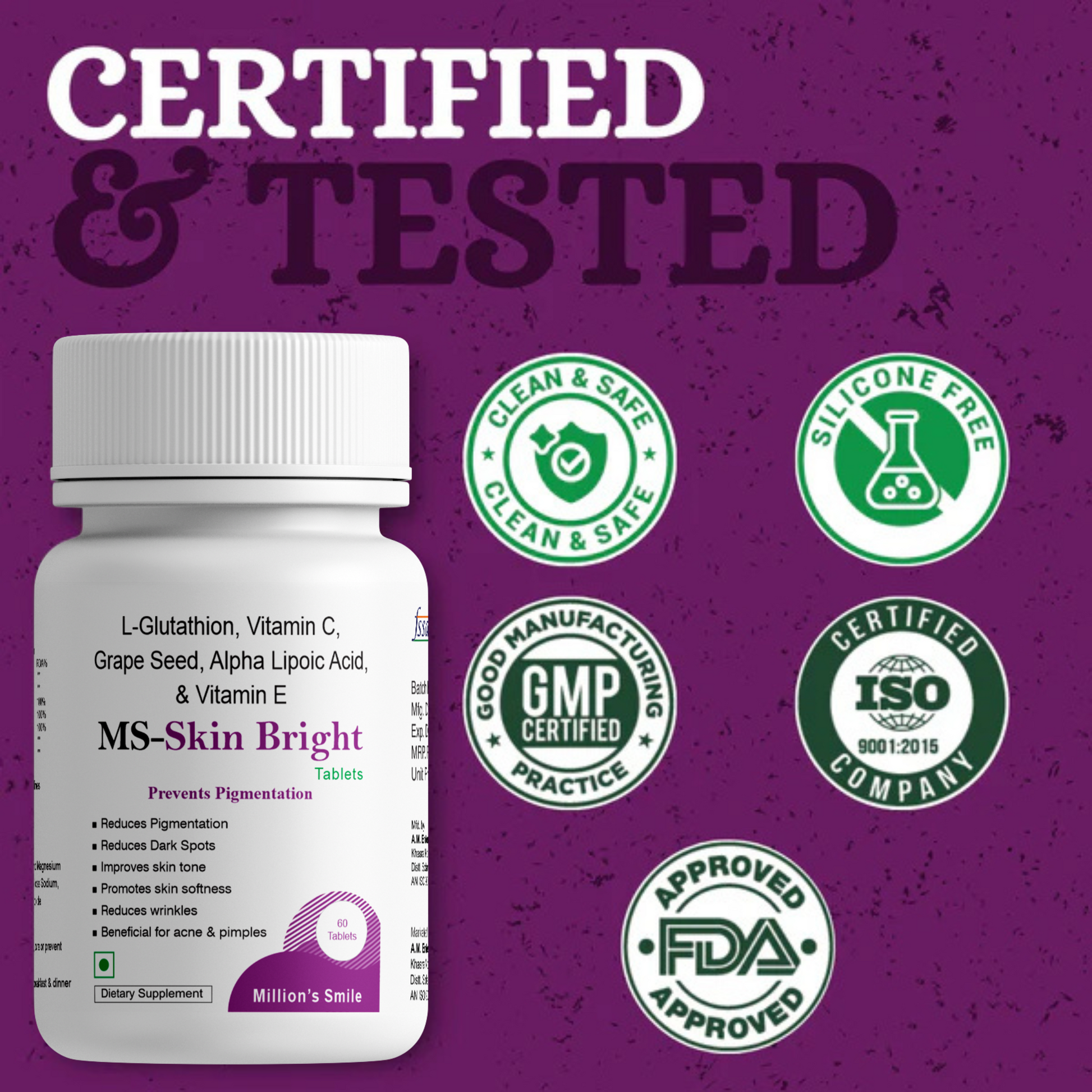 Supplement bottle labeled 'MS Skin Bright' with certification logos on a purple background
