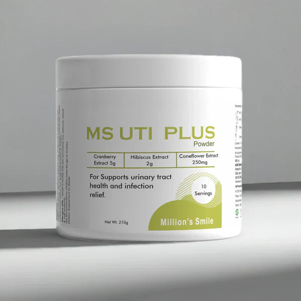 Container of MS UTI Plus Powder by Million's Smile on a gray background